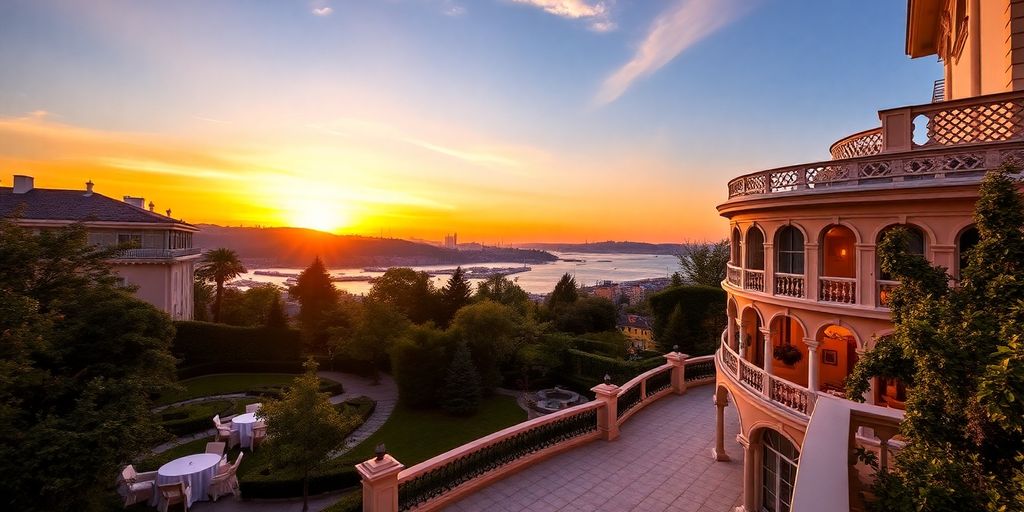 Romantic hotel in Istanbul at sunset with lush gardens.