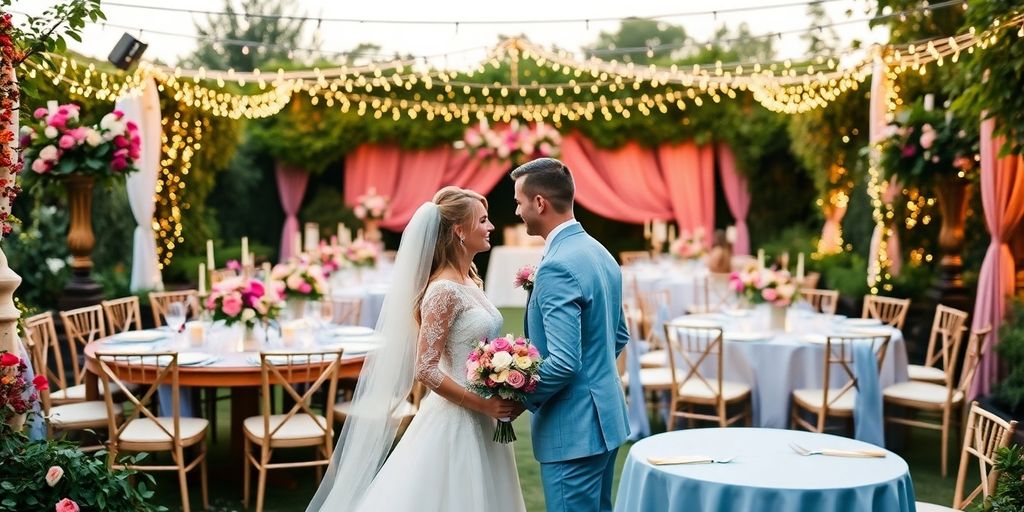 Dreamy outdoor wedding decorations in a lush garden setting.