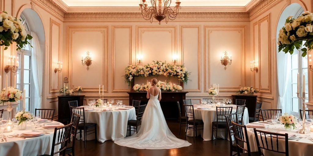 Elegant wedding scene with classic decor and flowers.
