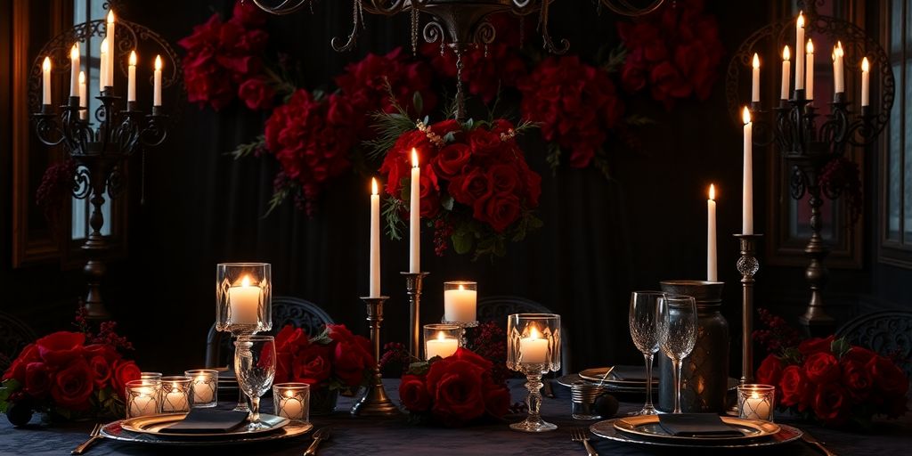 Dark wedding setup with elegant flowers and candlelight.