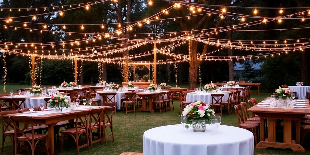 Outdoor wedding reception with fairy lights and rustic decor.