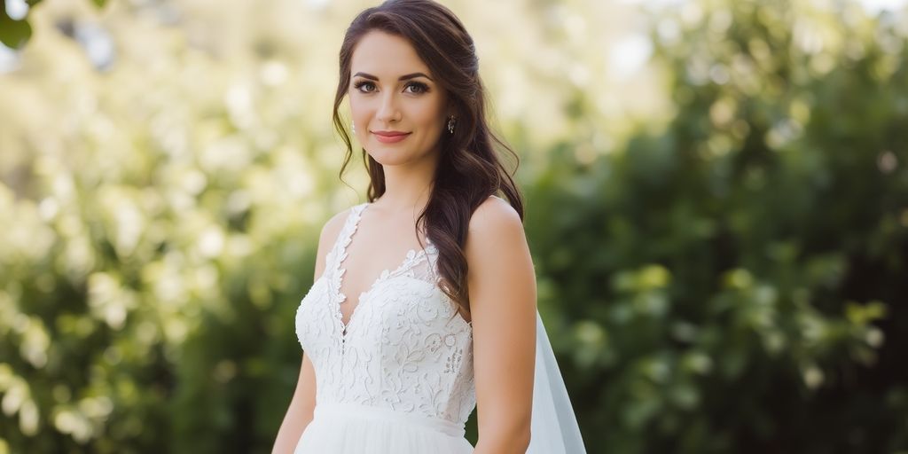 Bride in a modest wedding dress in a garden setting.